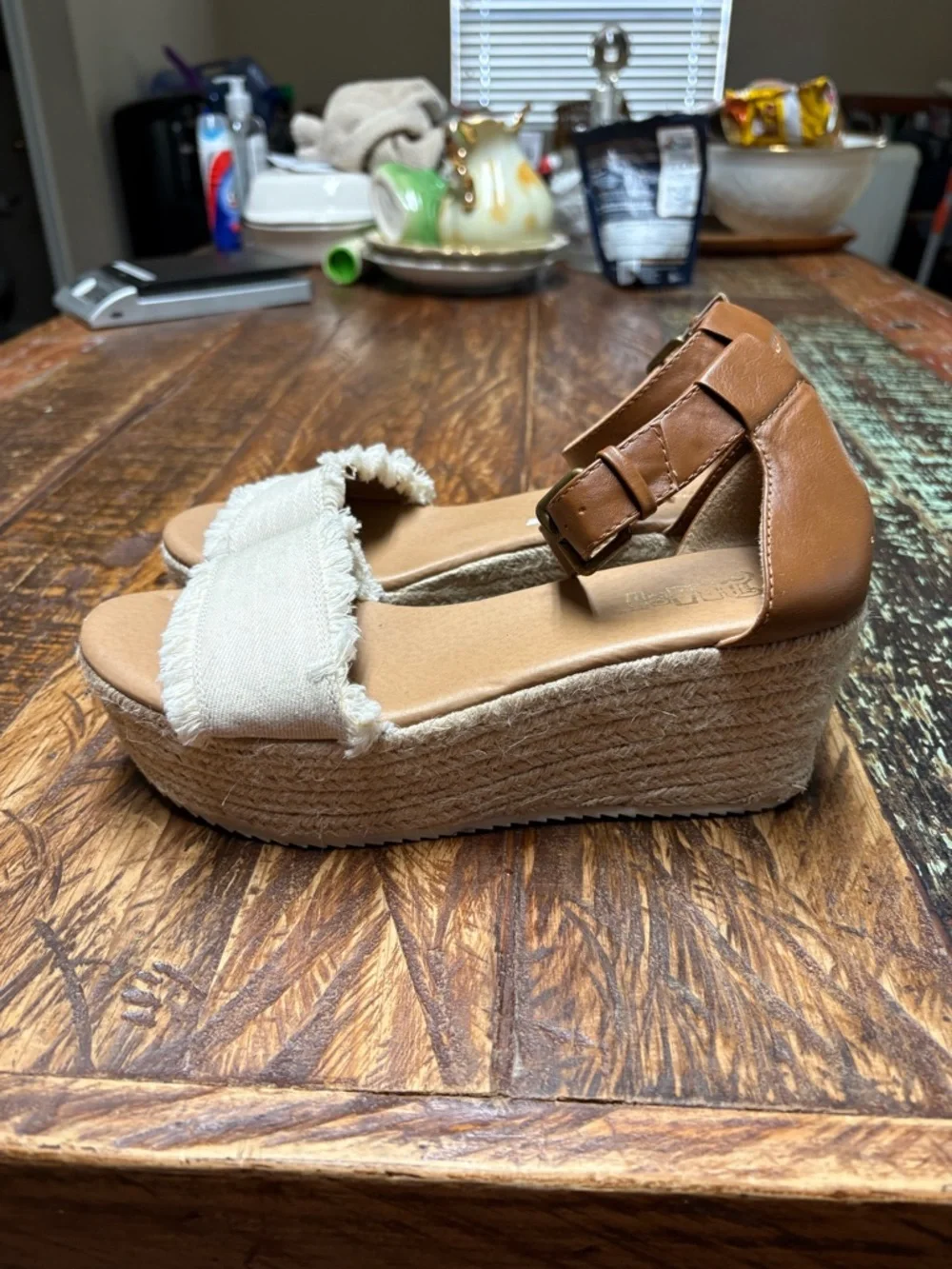 Brash Beige Tessa Canvas Espadrille Wedge Sandals with Brown Ankle Strap Size 7